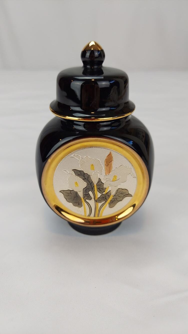 The Art of Chokin Flower/Floral Japanese Ginger Jar With Cover 24Kt Gold 4.5"